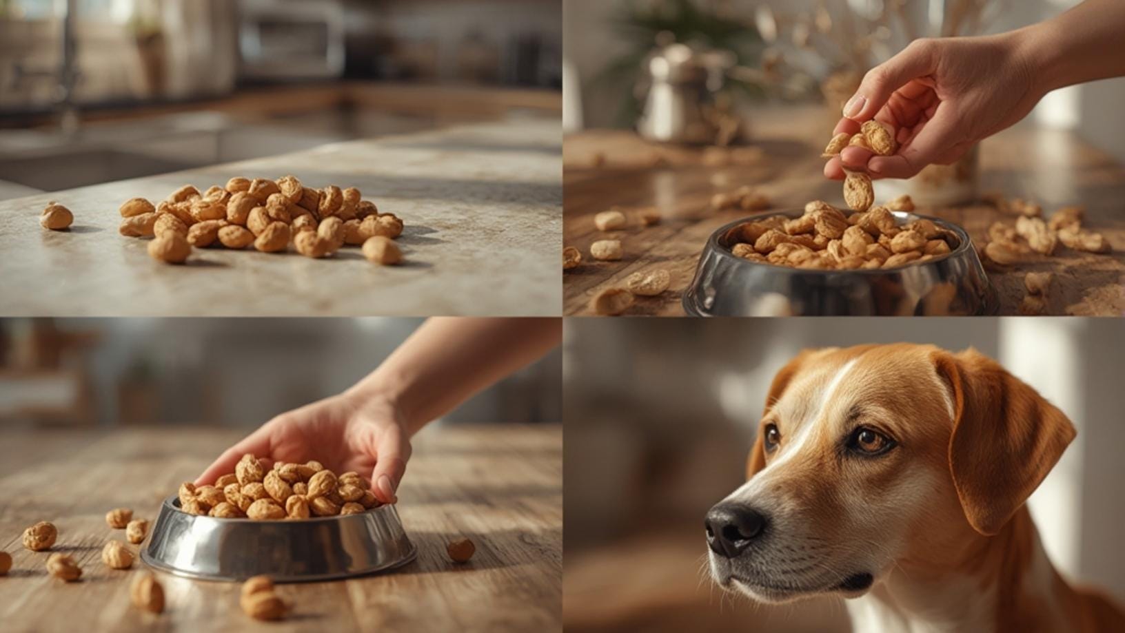 A person holding a shelled peanut and a spoon of peanut butter for a dog