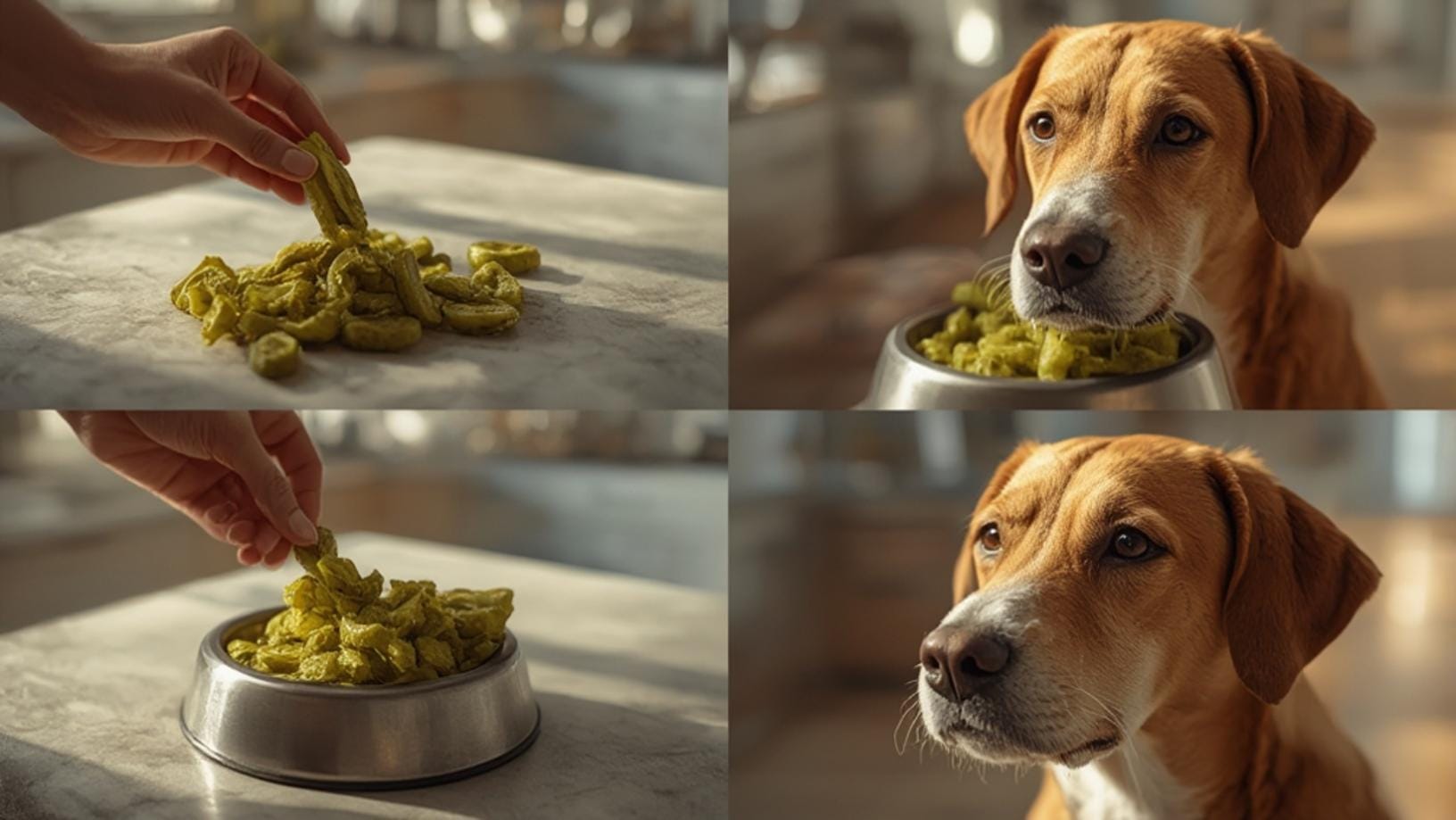 A person's hands carefully slicing a small piece of a pickle into a tiny cube for a dog