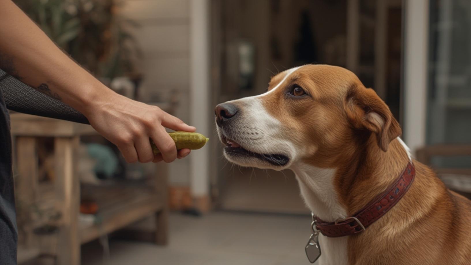 A counter showing different types of pickles like sweet and spicy, with a red X over them to indicate they are unsafe for dogs